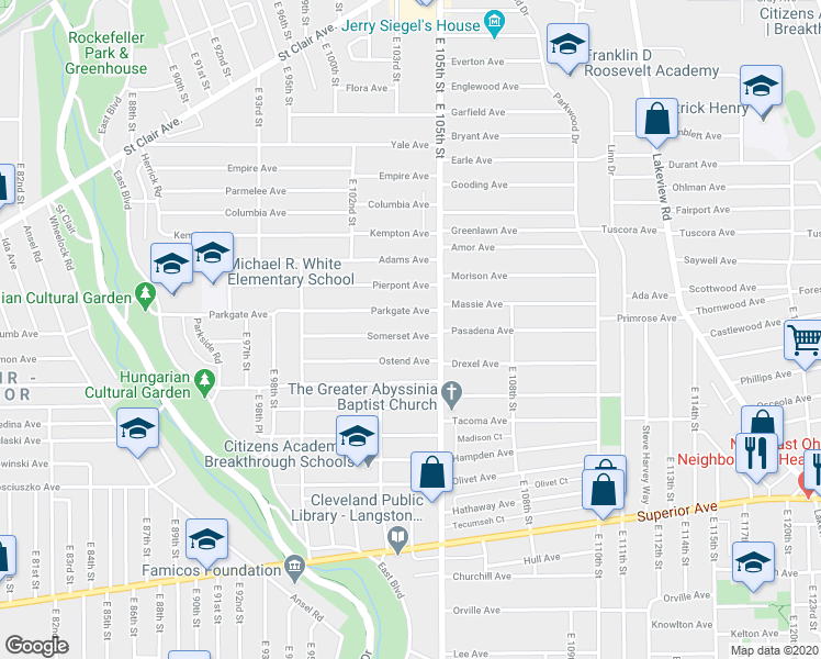 map of restaurants, bars, coffee shops, grocery stores, and more near 10402 Somerset Avenue in Cleveland