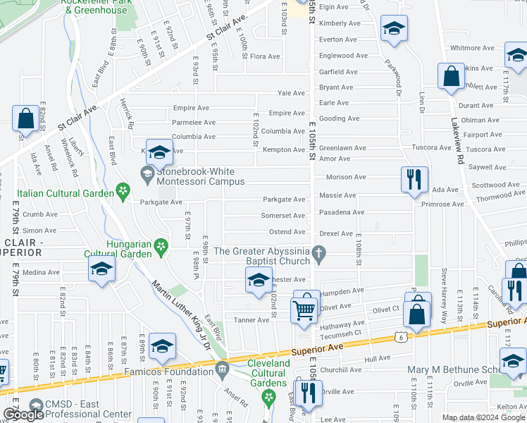 map of restaurants, bars, coffee shops, grocery stores, and more near 10210 Somerset Avenue in Cleveland