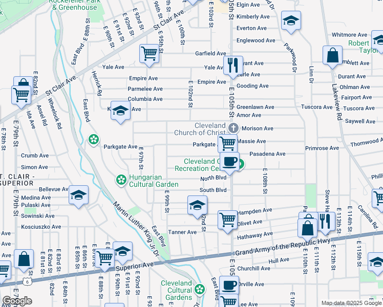 map of restaurants, bars, coffee shops, grocery stores, and more near 10016 Somerset Avenue in Cleveland