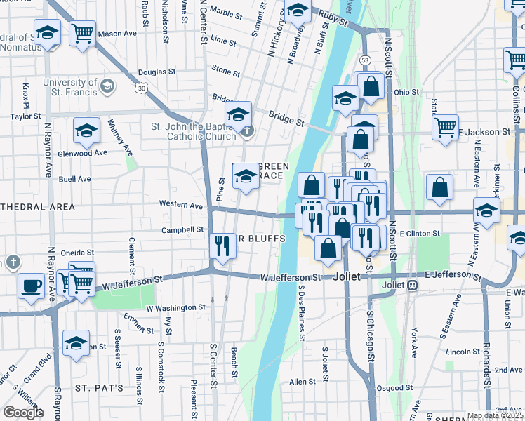map of restaurants, bars, coffee shops, grocery stores, and more near 256 Western Avenue in Joliet