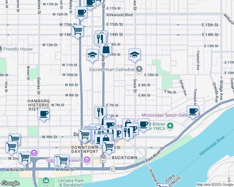 map of restaurants, bars, coffee shops, grocery stores, and more near 724 Pershing Avenue in Davenport