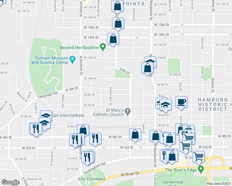 map of restaurants, bars, coffee shops, grocery stores, and more near 727 Washington Street in Davenport