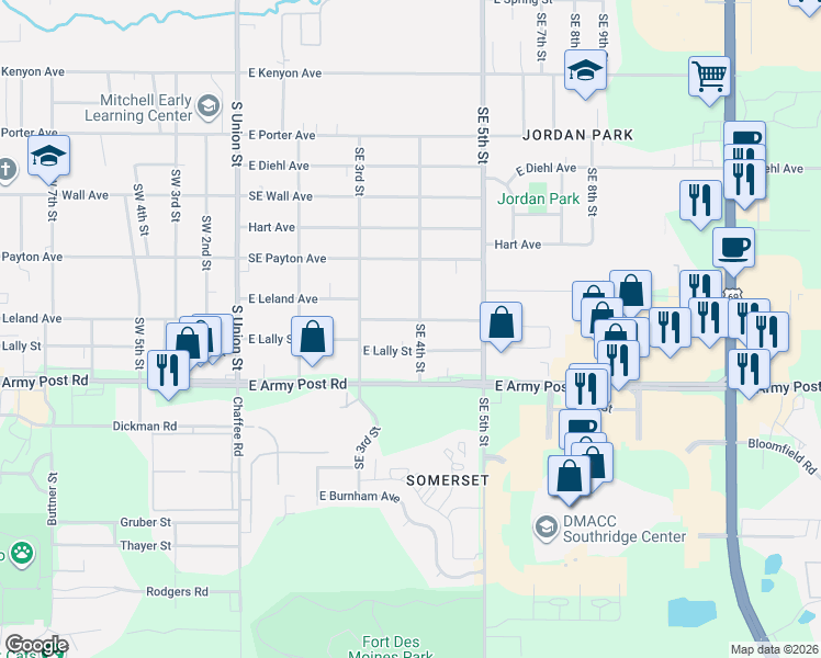 map of restaurants, bars, coffee shops, grocery stores, and more near 344 East Lally Street in Des Moines