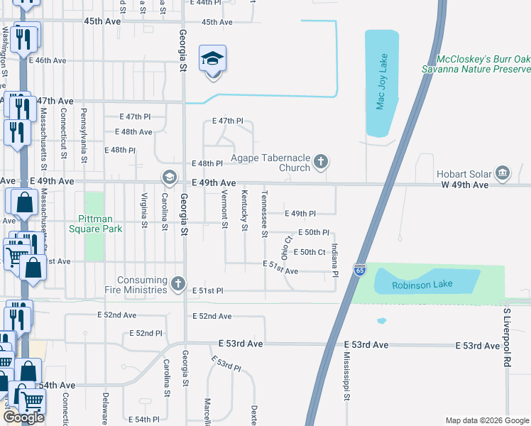 map of restaurants, bars, coffee shops, grocery stores, and more near 1220 East 50th Place in Gary