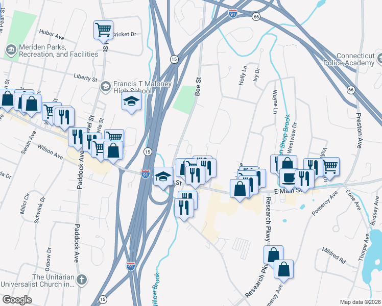 map of restaurants, bars, coffee shops, grocery stores, and more near 26 Abbey Lane in Meriden
