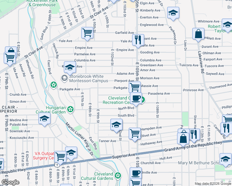 map of restaurants, bars, coffee shops, grocery stores, and more near 10210 Somerset Avenue in Cleveland