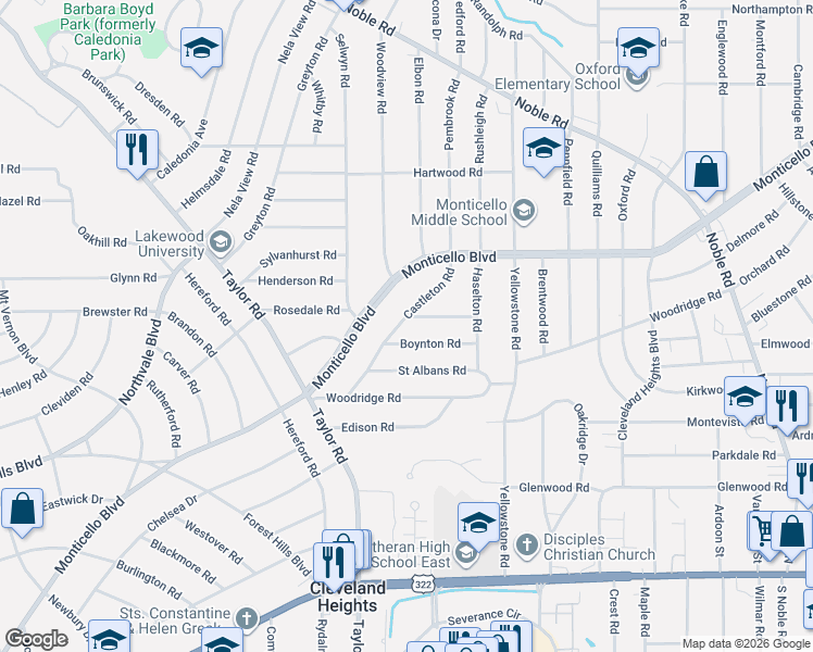 map of restaurants, bars, coffee shops, grocery stores, and more near 3506 Boynton Road in Cleveland Heights