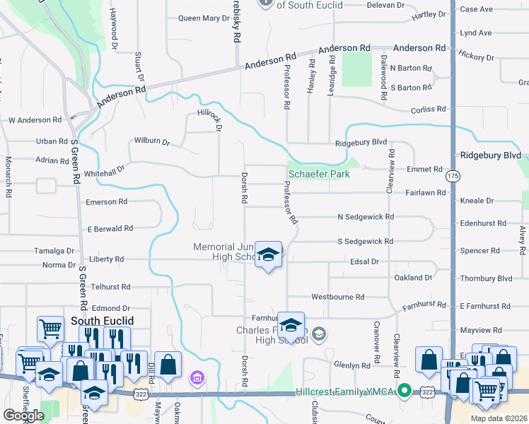 map of restaurants, bars, coffee shops, grocery stores, and more near 4768 Burger Road in South Euclid