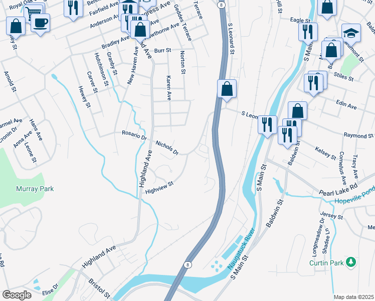 map of restaurants, bars, coffee shops, grocery stores, and more near 144 Nichols Drive in Waterbury
