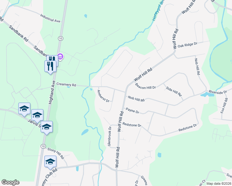 map of restaurants, bars, coffee shops, grocery stores, and more near 1086 Amherst Place in Cheshire