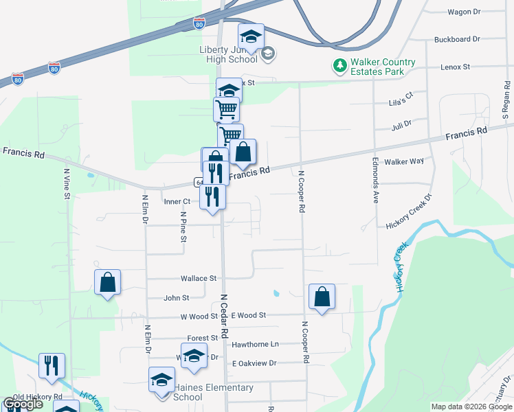 map of restaurants, bars, coffee shops, grocery stores, and more near 1236 Town Crest Drive in New Lenox