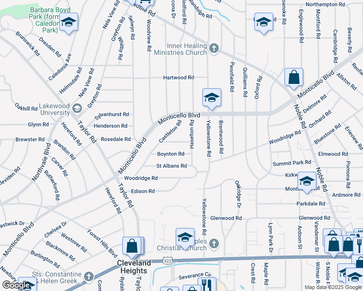 map of restaurants, bars, coffee shops, grocery stores, and more near 3546 Boynton Road in Cleveland Heights