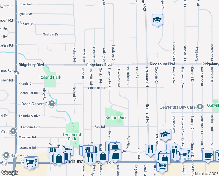 map of restaurants, bars, coffee shops, grocery stores, and more near 1174 Blanchester Road in Lyndhurst