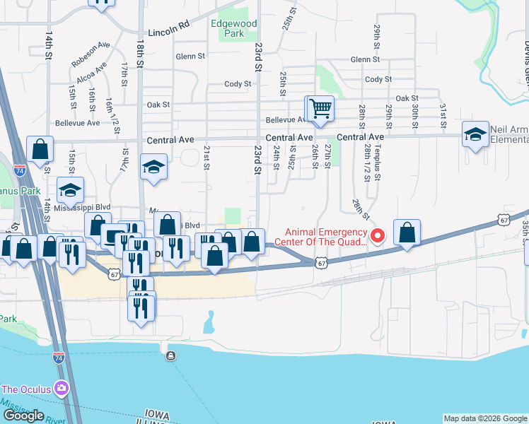 map of restaurants, bars, coffee shops, grocery stores, and more near 505 23rd Street in Bettendorf