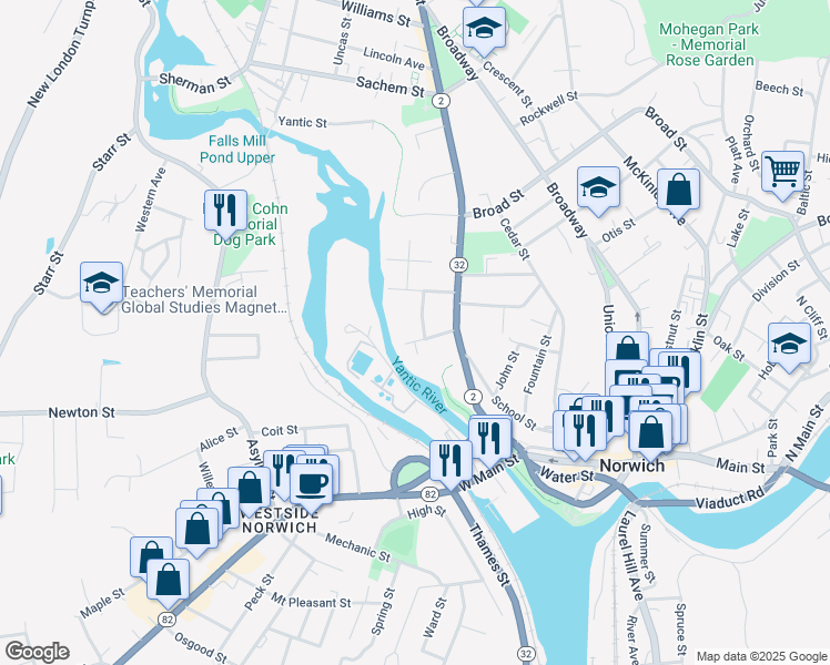 map of restaurants, bars, coffee shops, grocery stores, and more near 34 Maple Grove Avenue in Norwich