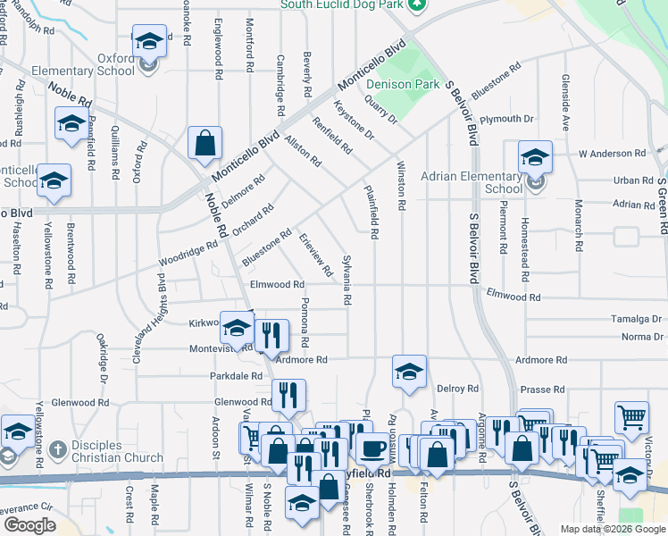 map of restaurants, bars, coffee shops, grocery stores, and more near 4026 Elmwood Road in Cleveland Heights