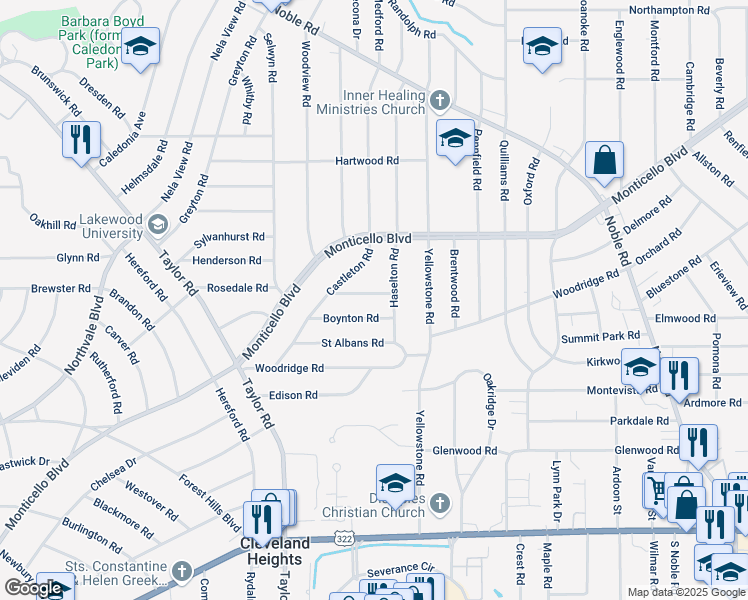 map of restaurants, bars, coffee shops, grocery stores, and more near 3546 Boynton Road in Cleveland Heights
