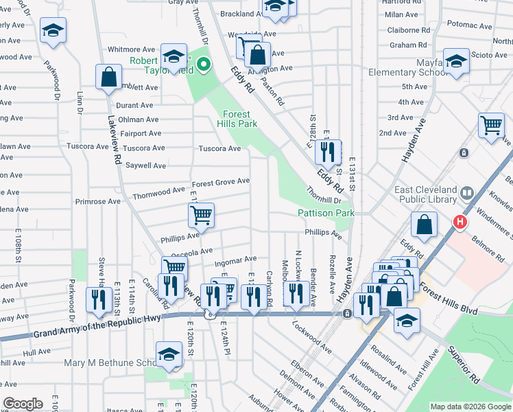 map of restaurants, bars, coffee shops, grocery stores, and more near 1144 East 125th Street in Cleveland