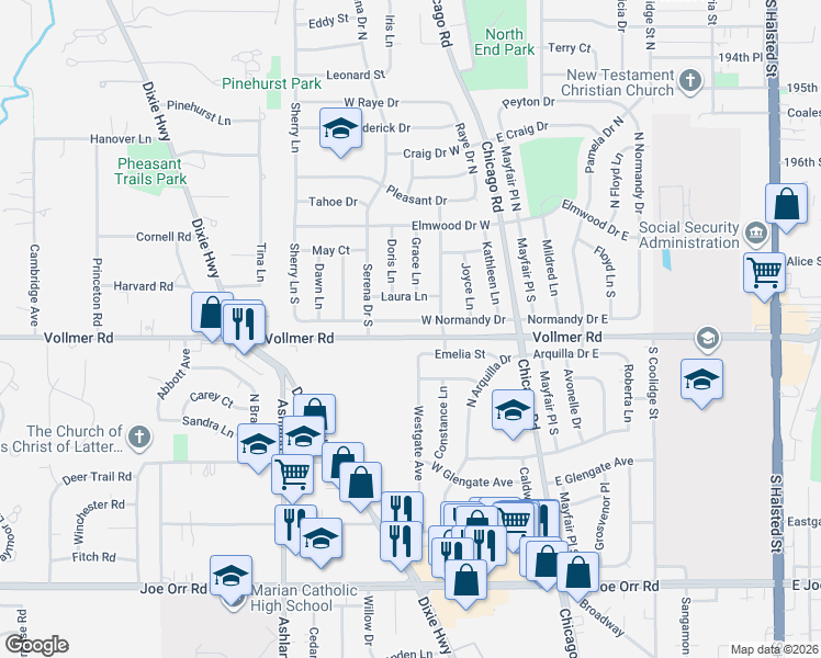 map of restaurants, bars, coffee shops, grocery stores, and more near 183 Emelia Street in Chicago Heights