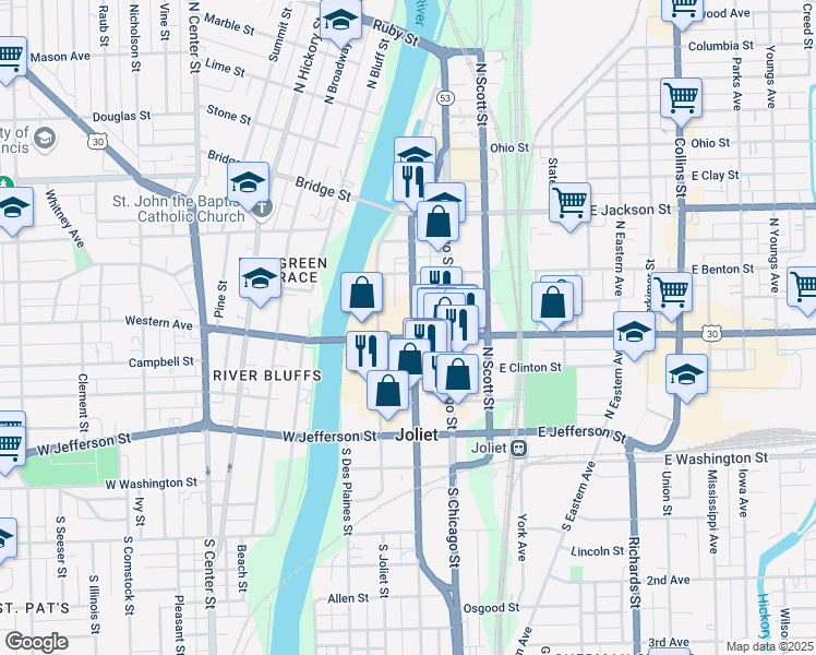 map of restaurants, bars, coffee shops, grocery stores, and more near 22 West Cass Street in Joliet