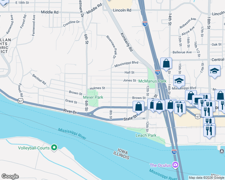 map of restaurants, bars, coffee shops, grocery stores, and more near 824 Brown St in Bettendorf