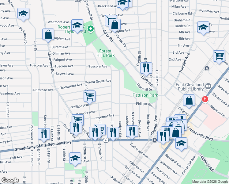 map of restaurants, bars, coffee shops, grocery stores, and more near 1144 East 125th Street in Cleveland