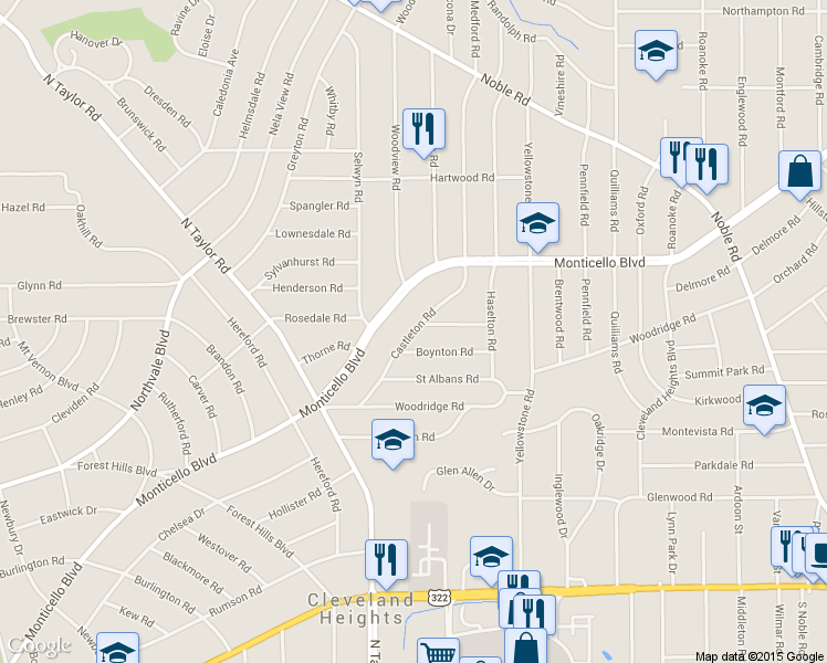 map of restaurants, bars, coffee shops, grocery stores, and more near Castleton Road in Cleveland Heights