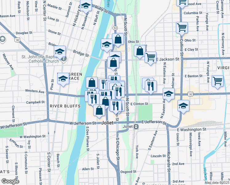 map of restaurants, bars, coffee shops, grocery stores, and more near 164 North Chicago Street in Joliet