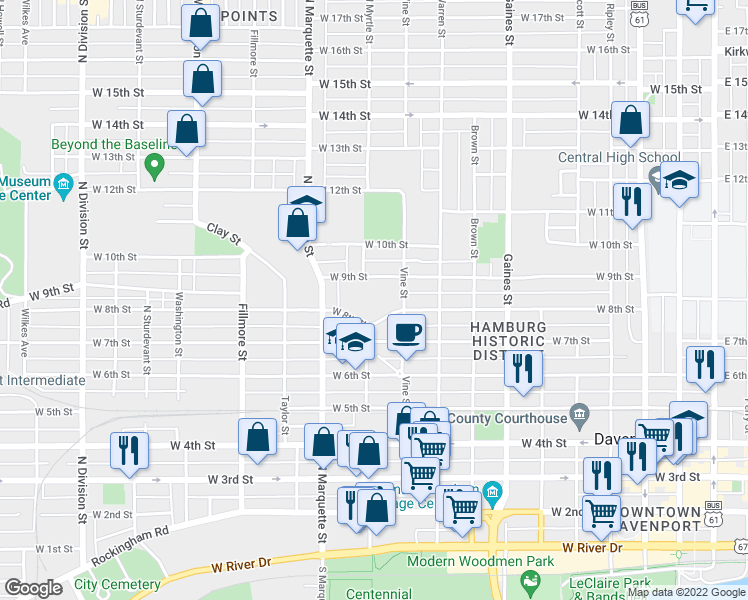 map of restaurants, bars, coffee shops, grocery stores, and more near 1101 West 9th Street in Davenport