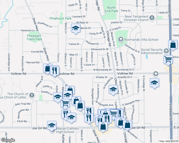 map of restaurants, bars, coffee shops, grocery stores, and more near 333 Dixie Highway in Chicago Heights