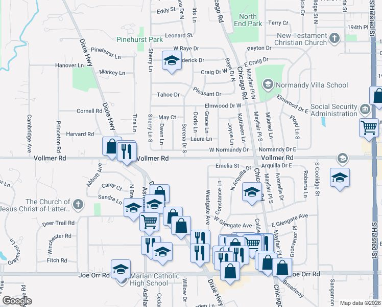 map of restaurants, bars, coffee shops, grocery stores, and more near 333 Dixie Highway in Chicago Heights