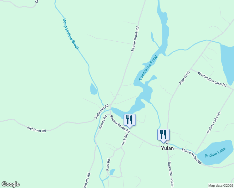 map of restaurants, bars, coffee shops, grocery stores, and more near 62 Beaver Brook Road in Narrowsburg