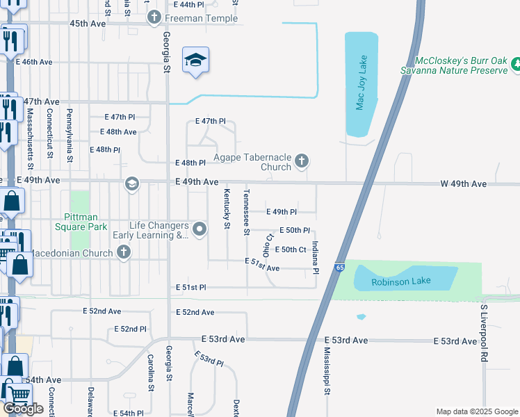 map of restaurants, bars, coffee shops, grocery stores, and more near 1220 East 50th Place in Gary