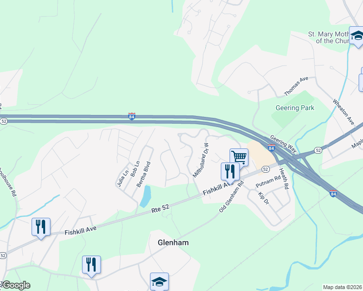map of restaurants, bars, coffee shops, grocery stores, and more near 40 Pritchard Court in Fishkill