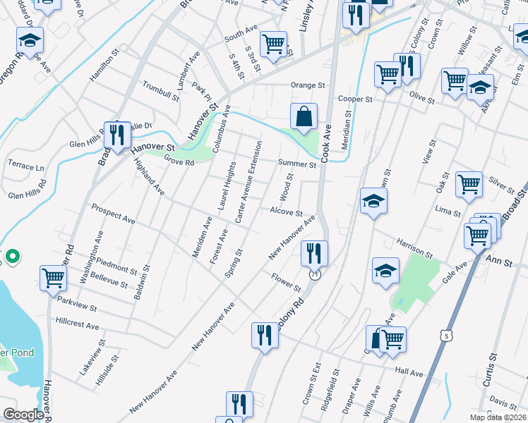map of restaurants, bars, coffee shops, grocery stores, and more near 29 Highland Avenue in Meriden