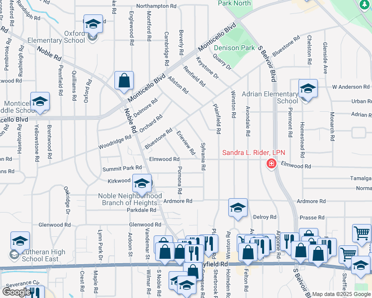 map of restaurants, bars, coffee shops, grocery stores, and more near 1164 Erieview Road in Cleveland Heights