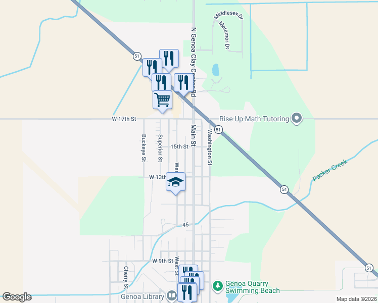 map of restaurants, bars, coffee shops, grocery stores, and more near 1410 Main Street in Genoa