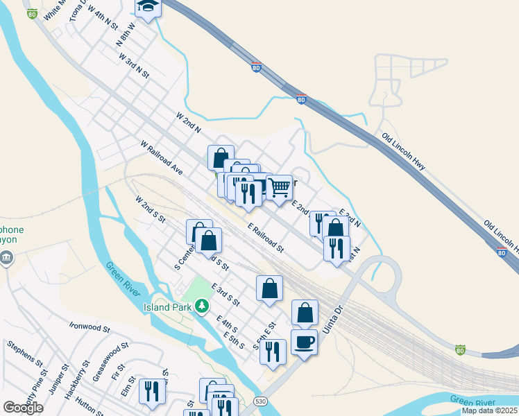 map of restaurants, bars, coffee shops, grocery stores, and more near 88 North 2nd East Street in Green River