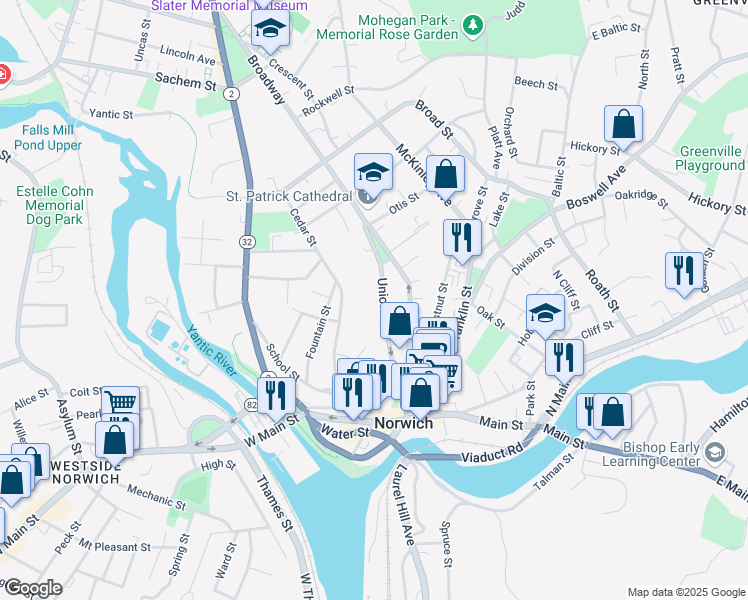 map of restaurants, bars, coffee shops, grocery stores, and more near 47 Union Street in Norwich