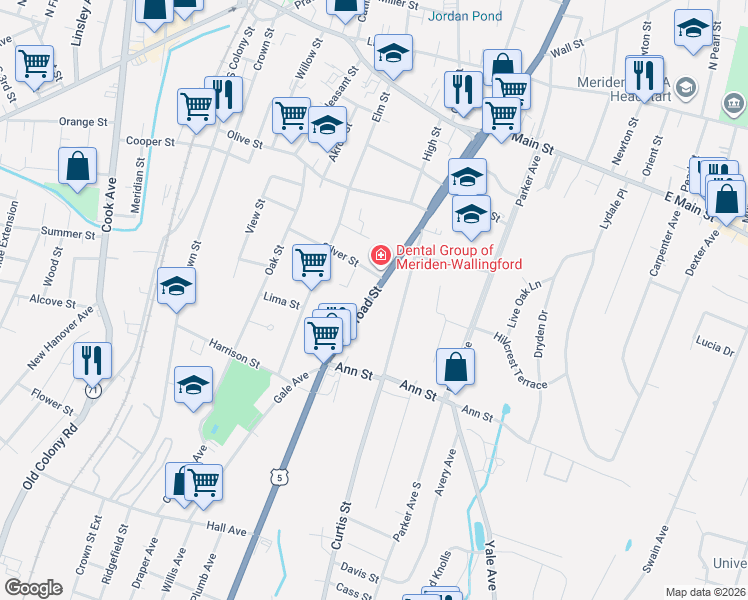 map of restaurants, bars, coffee shops, grocery stores, and more near 131 Curtis Street in Meriden