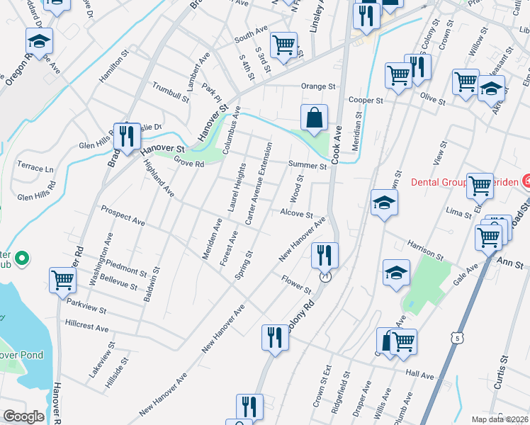 map of restaurants, bars, coffee shops, grocery stores, and more near 182 Spring Street in Meriden