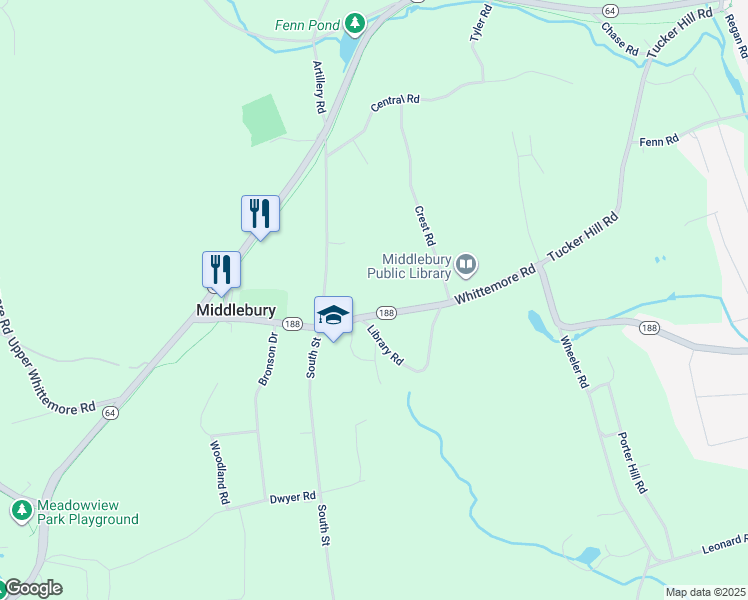map of restaurants, bars, coffee shops, grocery stores, and more near 4 Library Road in Middlebury