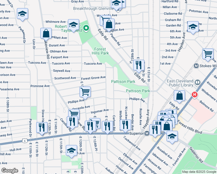 map of restaurants, bars, coffee shops, grocery stores, and more near 1144 East 125th Street in Cleveland