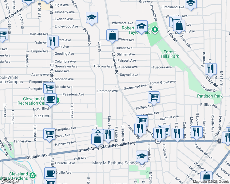 map of restaurants, bars, coffee shops, grocery stores, and more near 1108 East 114th Street in Cleveland