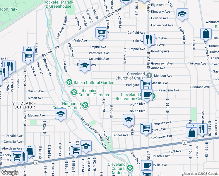 map of restaurants, bars, coffee shops, grocery stores, and more near 1084 East 99th Street in Cleveland