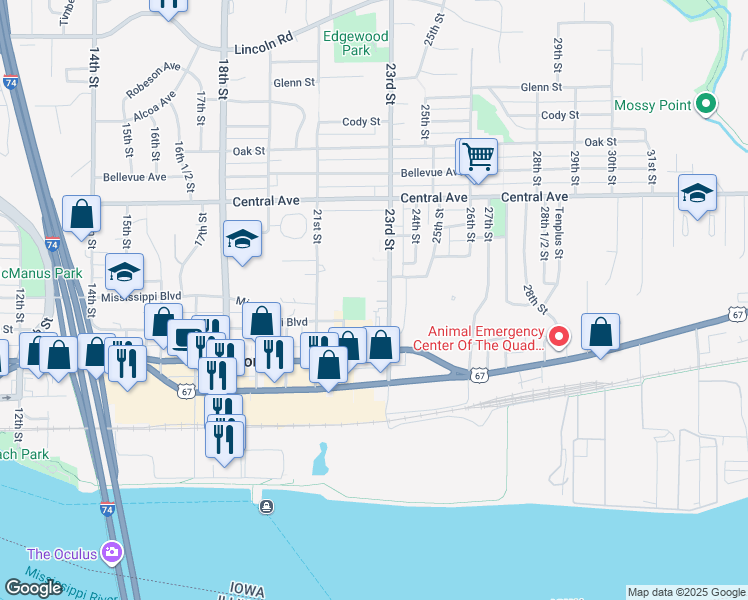 map of restaurants, bars, coffee shops, grocery stores, and more near 2234 Mississippi Boulevard in Bettendorf