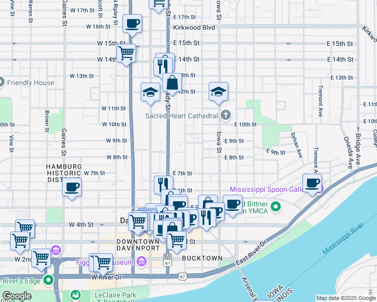 map of restaurants, bars, coffee shops, grocery stores, and more near 728 North Perry Street in Davenport