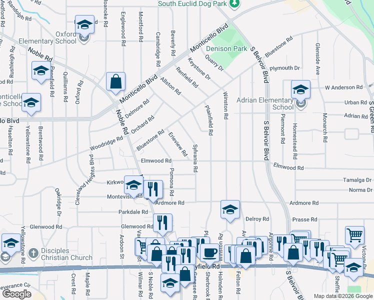 map of restaurants, bars, coffee shops, grocery stores, and more near 4026 Elmwood Road in Cleveland Heights