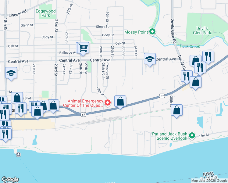 map of restaurants, bars, coffee shops, grocery stores, and more near 516 29th Street in Bettendorf