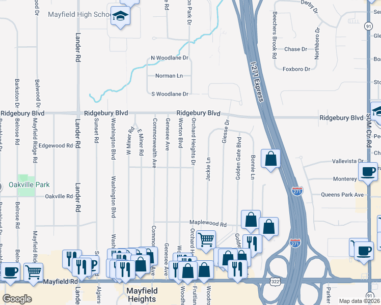 map of restaurants, bars, coffee shops, grocery stores, and more near 1211 Worton Boulevard in Mayfield Heights